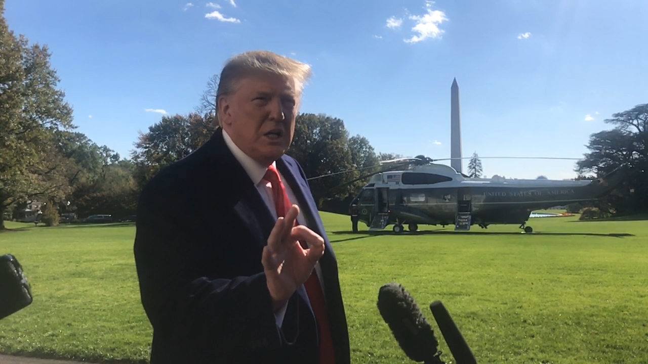 President Donald Trump speaks to the press on the South Lawn of The White House, Nov. 3, 2019